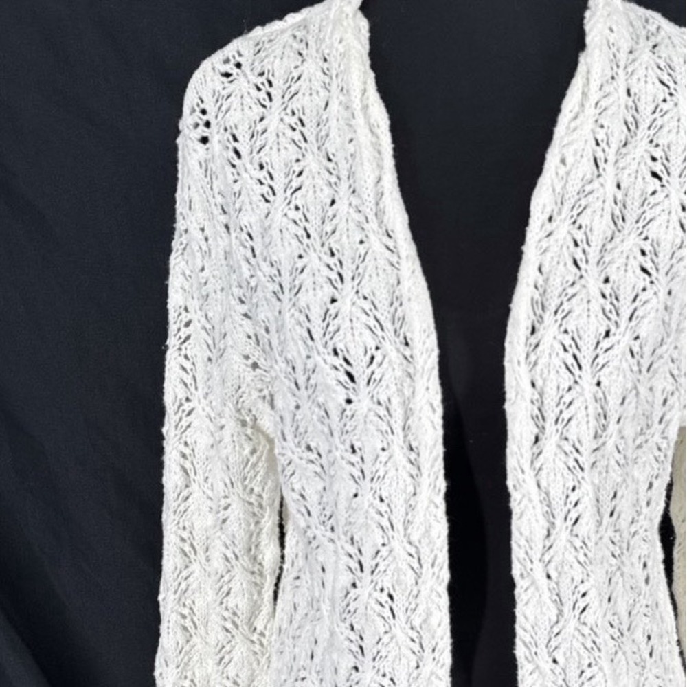 White Boho Chic Open Knit Cardigan M Coastal Cottagecore Cozy Soft Fall Layering